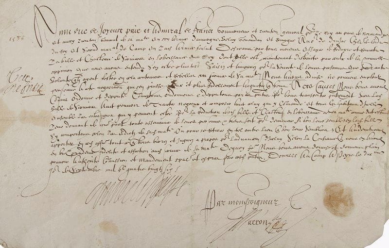 Anne duc de Joyeuse (1560-1587)
Amiral de France, un des mignons d'Henri III. P.S., camp de Peyre 10 septembre 1586; 1 page obl. in-fol., sceau aux armes sous papier. Commission pour négocier la soumission de la place de Servières (Lozère). «Désirant par tous moiens essayer de reduyre et remettre la ville et chasteau de Servières en l'obeissance du Roy dont elle est maintenant distraite par ceux de la nouvelle oppinion que nous avons entendu s'en estre plus tost saisis et emparés pour la seureté de leurs personnes que pour autre volonté qu'ils ayent d'estre en cela contraires et rebelles au service de Sa Majesté», il charge le sieur de Drusac de cette négociation
