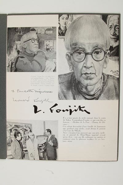 Léonard FOUJITA (1886-1968)
Dédicace autographe signée sur un extrait du n°13 de la revue Terre d'Europe, [vers 1960]; plaquette in-4 de 8 pages sous couverture impr. Tiré à part d'un article de Jean-Robert Delahaut consacré à Foujita, avec de nombreuses reproductions. En tête, Foujita a inscrit cette dédicace : «à Poucette mignonne Léonard Foujita»
