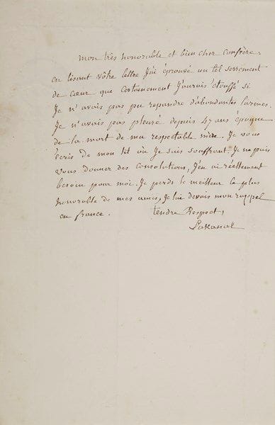 Joseph LAKANAL (1762-1845)
Homme politique, conventionnel (Ariège), organisateur de l'Instruction publique sous la Révolution. 2 L.A.S., 1803-[1844]; 1 page in-4 et demi-page in-8, adresses. 22 Brumaire XII [14 novembre 1803], à Nicolas Frochot, Préfet de la Seine, demande d'audience particulière pour une affaire «étroitement liée aux intérêts de la chose publique»; il rappelle ses titres : «de l'Institut de France, de l'Athénée de Paris, professeur à l'école centrale de la Rue St Antoine».{CR} [20 juin 1844], à son confrère Isidore Geoffroy Saint-Hilaire. Condoléances pour la mort de son père, le naturaliste étienne Geoffroy Saint-Hilaire. Il a été si éprouvé en lisant sa lettre que «certainement j'aurais étouffé si je n'avais pas pu répandre d'abondantes larmes. Je n'avais pas pleuré depuis 47 ans époque de la mort de ma respectable mère». Souffrant, il écrit depuis son lit et est inconsolable : «Je perds le meilleur le plus honorable de mes amis, je lui devais mon rappel en France»... [C'est grâce à ses démarches que Lakanal avait pu rentrer en France après un exil de 22 ans en Amérique.]{CR} On joint une plaquette Vie et ?uvres de Joseph Lakanal et une enveloppe 1er jour du timbre à son effigie (2 juin 1962)