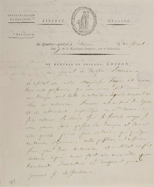 Louis Henri Loison (1771-1816) général
L.A.S., Q.G. de Bellinzona 22 floréal VII (11 mai 1799), au général de division Lecourbe; 1 page et demie in-4 à en-tête Armée française en Helvétie. Le général de brigade Loison, petite vignette, adresse avec contreseing ms (cachet de la collection Max Thorek; portrait gravé joint). Sur l'attaque de Lugano et sa situation menacée. À l'issue de l'attaque, les troupes françaises ont fait environ 200 prisonniers, mais elles ont néanmoins battu en retraite en raison du manque de vivres et de cartouches, et l'ennemi attend l'arrivée d'un bataillon russe. Il prie de lui faire passer des armes : «Je ne puis détacher que quelques centaines d'hommes. Notre position est affreuse». Les soldats n'espèrent plus pouvoir se défendre. «Prenez en grand considération notre pénurie en vivres et en cartouches et la marche positive de l'ennemi sur les points que j'occupe. Il marche également sur vous et je crois que son intention est de nous faire abandonner les Grisons et les Bailliages italiens»