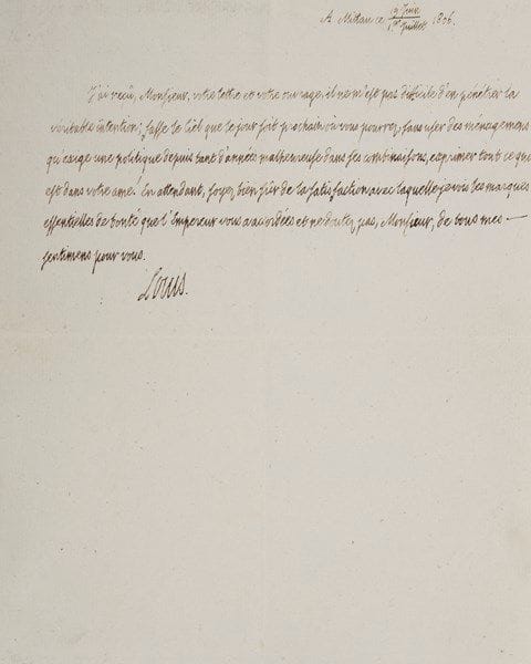 LOUIS XVIII (1755-1824)
L.A.S., Mittau 19 juin/1er juillet 1806; demi-page in-4. Il remercie pour l'envoi d'un ouvrage, dont il a pu «pénétrer la véritable intention; fasse le Ciel que le jour soit prochain où vous pourrez, sans user des ménagemens qu'exige une politique depuis tant d'années malheureuse dans ses combinaisons, exprimer tout ce qui est dans votre âme ! En attendant, soyez bien sûr de la satisfaction avec laquelle je vois les marques essentielles de bonté que l'Empereur vous a accordées»