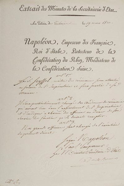 Hugues MARET, duc de Bassano (1763-1839) secrétaire d'État et confident de Napoléon
2 L.S. et 2 P.S., Paris février-novembre 1810, au Comte de Montesquiou, Grand Chambellan; 4 pages in-fol., 2 avec en-tête au nom de Napoléon et cachet aux armes impériales. 24 février 1810. Nomination de Seyssel comme «maître des cérémonies» de la Maison de l'Impératrice (Marie-Louise). «Il sera particulièrement chargé des audiences de cérémonie qui auront lieu dans l'appartement de l'Impératrice, et d'indiquer à chacun des officiers ou dames de son service les fonctions qu'ils doivent remplir»; avec lettre d'envoi.{CR} 27 novembre 1810. Nomination de Six Van Osterlbeck comme Intendant des biens de la Couronne dans le Gouvernement de Hollande; avec lettre d'envoi