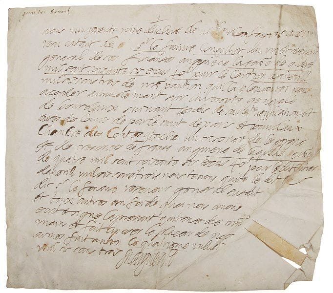 Marguerite de valois (1553-1615)
La Reine Margot; fille d'Henri II, et première femme d'Henri IV qui la répudia. P.A.S., Usson 4 juillet 1603; vélin obl. in-4 (marques de plis). Quittance pour la somme de 4166 écus tournois pour le quartier d'avril de «la pansion quilla pleu au roi nous accorder annuelemant sur la recepte generale de Bourdaux»