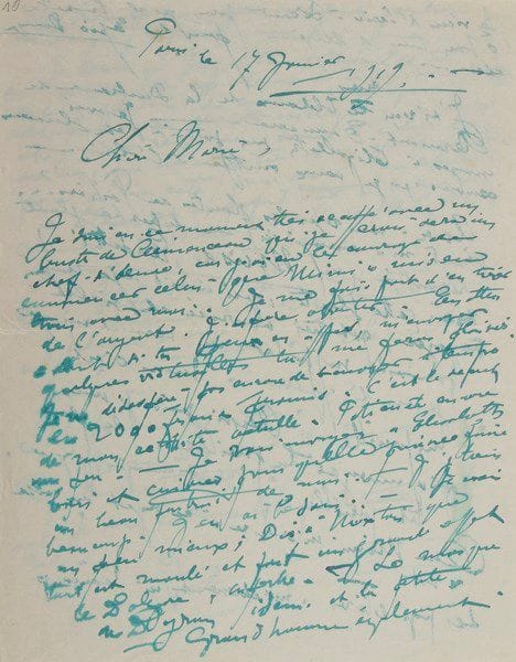 Henry de GROUX
3 L.A.S. «Henry», Paris 1917-1919, à sa femme Marie de Groux, à Valcarez à Vernègues (Bouches-du-Rhône); 11 pages petit in-4, une enveloppe. Belles Lettres à sa femme sur son travail pendant la guerre.{CR} 16 mai 1917. Il s'inquiète de ne pas avoir de ses nouvelles, surtout à cause des soucis que leur pose son éditeur M. d'Alignan : lui a-t-il envoyé l'argent comme promis ? Si oui, quelle est la somme exacte : lui n'a pas reçu son compte et a besoin de savoir exactement où ils en sont. Il revient avec insistance sur cette question... Il est en train de terminer les tableaux «qui étaient encore en souffrance : Joffre, etc. etc... Cette besogne avance et beaucoup de ces tableaux sont devenus très beaux». Il lui faut une grande patience pour supporter les irrégularités de son existence, et il ne quittera pas Paris sans la somme d'argent promise en poche. Il n'a pas pris de décision au sujet de l'atelier sinon qu'il est décidé à quitter celui de la rue Chaptal. On lui a parlé d'un atelier rue du Faubourg St Honoré ayant appartenu au peintre Zuloaga, qu'il ira voir demain... Leur fille Élisabeth brûle d'envie d'aller rejoindre sa mère à Valcarez, mais elle hésite, à cause de l'état de santé de son parrain [Léon Bloy], «qu'elle craint de ne plus revoir et qui lui peint l'avenir dans des couleurs noires... je me rends compte qu'on cherche à la garder»... On voudrait faire une exposition de lui à La Haye. Il recherche et demande où sont rangées quelques études, pensant pouvoir en tirer de l'argent. Il va dîner chez la duchesse de Clermont-Tonnerre qui veut lui parler. «Elizabeth travaille, elle a fait un nouveau bois très réussi. [...] Maritain est pris pour le service armé», ainsi que Carol-Bérard; et il a eu des nouvelles de Bertin. Il n'en peut plus de la guerre, il songe à ses oeuvres. Le livre de Bloy va paraître prochainement, etc. 9 juin 1917. Il a renvoyé sa domestique : «il est temps que je mette à la porte cette ordure de femme», sur les méfaits de laquelle il s'é