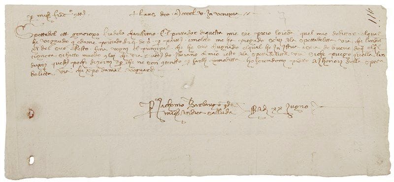 Venise. TORCELLO
L.S. par «Jachomo Barbarigo», Venise 20 juin 1455, à Francesco Contarini, procurateur de Saint-Marc et podestat de Torcello; 1 page obl. in-8, adresse; en italien. Présentation du porteur, Piero Loredano, son débiteur, qui lui a donné dix ducats à déduire du principal. Son parent est en Istrie...{CR} On joint une L.S. par Antonio Bondamico (?) au podestat de Torcello, [vers 1450]