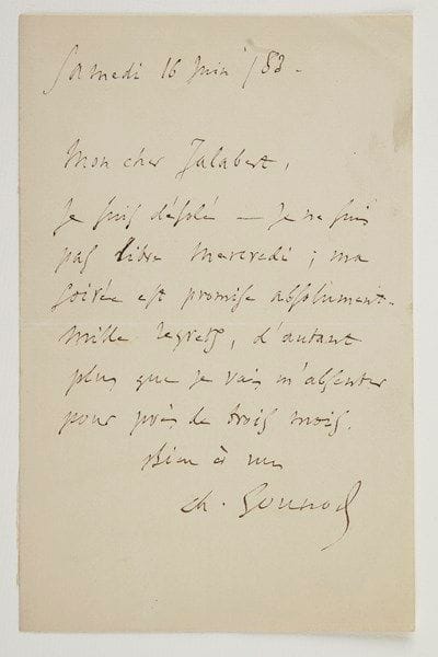 Charles gounod (1818-1893)
2 L.A.S., 1883-1891; 2 pages in-8. 16 juin 1883, au peintre Charles Jalabert. Il est désolé de n'être pas libre mercredi; il s'est déjà engagé ailleurs : «Mille regrets, d'autant plus que je vais m'absenter pour près de trois mois»... 14 février 1891, à une dame, pour un rendez-vous chez lui «avec Madame votre fille»