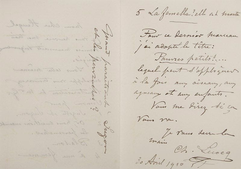 Charles LECOCQ (1832-1918)
21 L.A.S., Paris et Enghien 1881-1910, la plupart à l'éditeur musical Henri Heugel; 28 pages formats divers, 2 à son chiffre, qqs adresses (plus une carte de visite a.s.). 24 janvier 1881 : «L'affaire de la Roussotte ne se fait pas. Je renonce à vous expliquer pourquoi, car je ne comprends pas bien moi-même. J'ai fait quelques morceaux, mais le principal, c.a.d. la chanson à effet pour Judic sera faite par un autre»... 23 juin, il faut, pour la biographie de Cherubini, demander des notes à Ludovic Halévy : «Il sait nombre d'anecdotes sur le vieux maître qui lui ont été racontées par son oncle, qui, vous le savez était élève de Cherubini»... 4 juin 1886, autorisation, avec celle d'E. Gourdon, pour éditer la chansonnette Non, je ne chasserai plus... 23 mars 1898 : «Ma mélodie, Les Deux Couples paraîtra samedi au Figaro. Avez-vous pris une décision, et vous chargez-vous de l'édition ?»... 20 avril 1899, nouvelles de la répétition générale du Cygne, en regrettant que la partition ne puisse paraître de suite... 11 avril 1904, grand succès de ses Fleurs nipponnes, chantées à la matinée du Théâtre Victor Hugo; il les fera entendre intégralement, s'il parvient à réunir les chanteurs voulus... 16 décembre 1905, il espère voir monter son ballet à Monte-Carlo, puisque «la pauvre opérette est décidément crevée dans les mauvais traitements qu'on lui a fait subir»... 17 novembre 1909, à propos de l'adaptation de chansons de Gavroche, des Misérables... 27 décembre, sur l'édition de ces chansons, et le «triomphe» de Béatrix Dussane dans leur interprétation à une fête de la Société Victor Hugo... 6 mars 1910, envoi d'une chanson et d'un «récit idyllique» : «Tous deux étaient charmants chantés par Melle Dussane»... Etc
