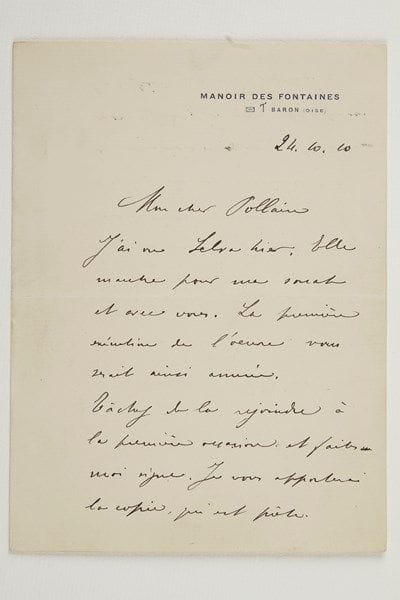 Albéric MAGNARD (1865-1914)
2 L.A.S.; 1 page et demie in-8 et 1 page obl. in-12 (petit deuil). Manoir des Fontaines à Baron 24.X.1910, au violoncelliste Fernand Pollain, qui va créer sa Sonate pour violoncelle et piano. Il a vu Blanche Selva : «Elle marche pour ma sonate et avec vous. La première exécution de l'oeuvre vous serait ainsi réservée. Tâchez de la rejoindre à la première occasion et faites moi signe. Je vous apporterai la copie, qui est prête. Je ne ferai pas graver avant l'été prochain»... 16 novembre. «Durand et d'Indy m'avaient déjà envoyé la partition de Fervaal»... On joint une L.A.S. de son épouse (21 avril 1915)