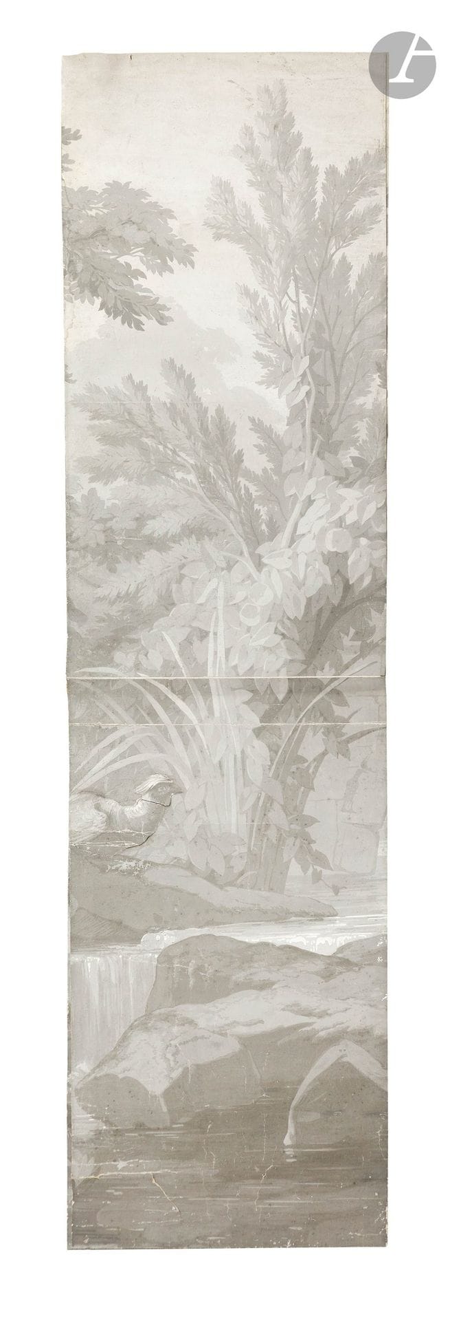 MANUFACTURE Jules DESFOSSE Le Vieux Pont créé en 1862. Maquette originale grandeur nature en cinq lés, gouache sur papier en grisaille, avec découpages et collages de mise au point, et annotations. Déchirures, nombreux accidents et manques. Dimensions d un lé : 171 x 46 cm. Source : Notes de E.A. FAUCONNIER sur les Desfossé et anciens du papier peint DK 1935/1936 ce décor grisaille devait se composer de vingt-quatre lés, mais cinq seulement furent gravés, on les retrouva dans une cave en 1894. (...) Il fut de très bonne vente en Angleterre et aux Etats-Unis, N°3816 .