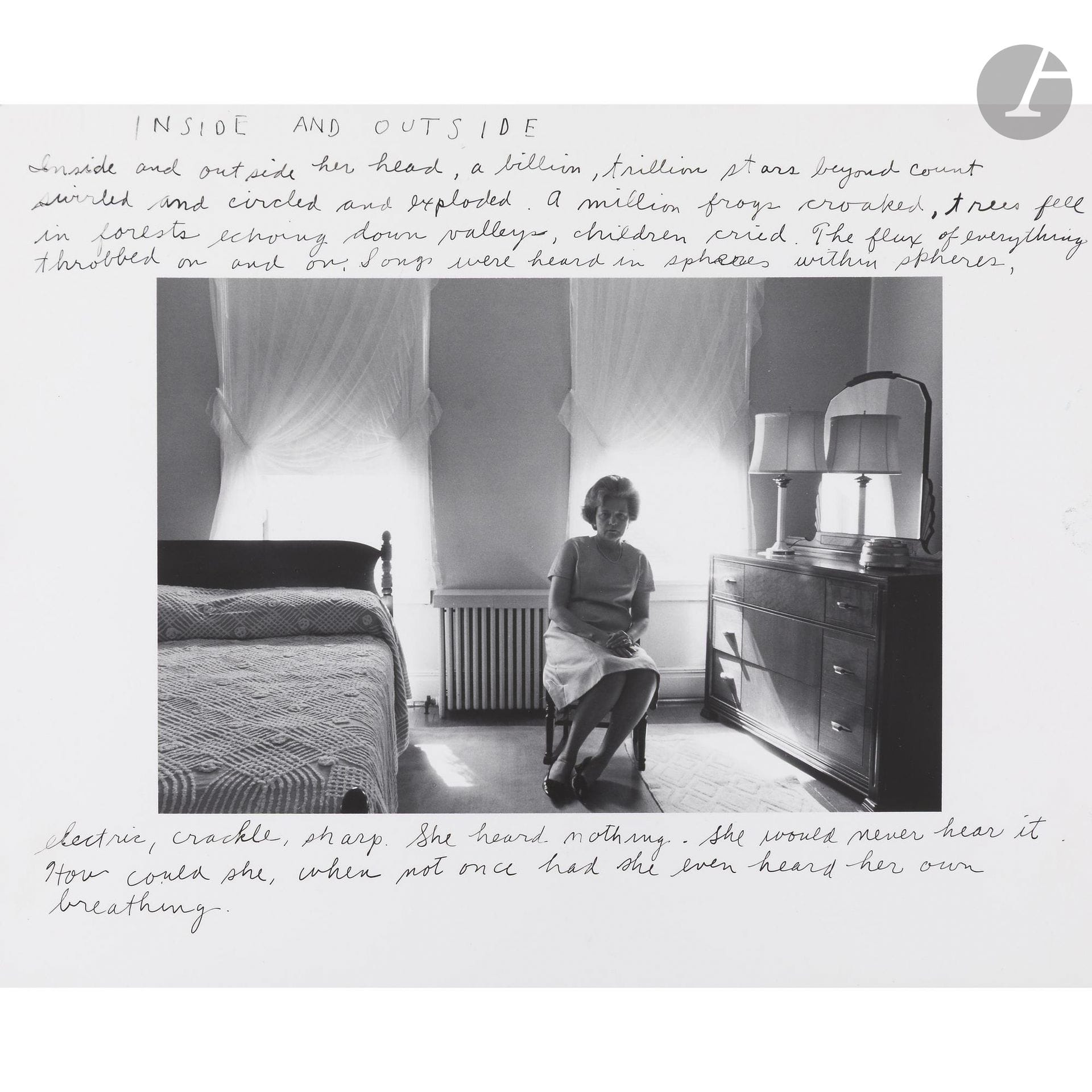 Duane Michals (1932-2026)
Inside and outside, c. 1975.
Épreuve argentique d’époque. Titre et légendes à l’encre dans les marges. Tampon du photographe au verso. 
Image : 12,3 x 18 cm - Feuille : 20,3 x 25,3 cm