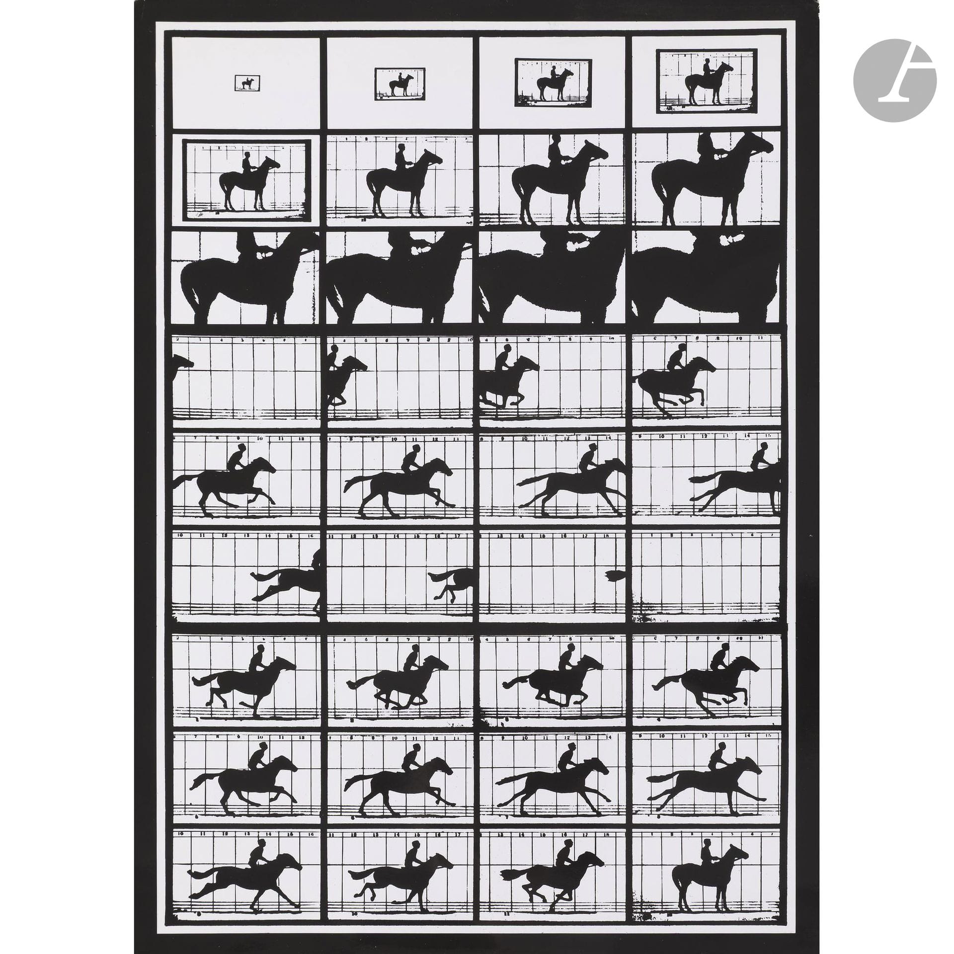 Pierre Cordier (1933-2024)
Hommage à Muybridge, 1972. 
Épreuve argentique d’époque, signée, titrée et datée à l’encre sur étiquette en bas. Tampon du photographe au verso. 
29,5 x 20,5 cm