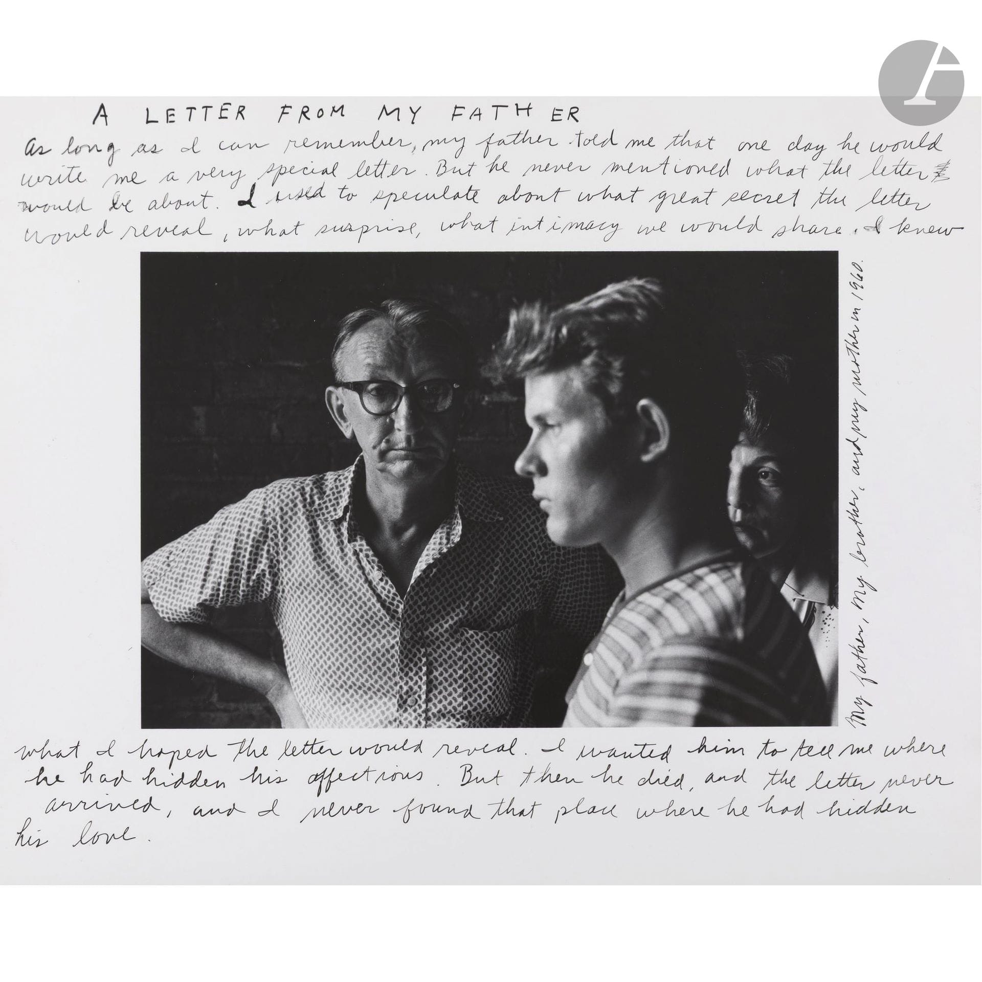 Duane Michals (1932-2026)
A letter from my father, 1960.
Épreuve argentique (c. 1980). Titre et légendes à l’encre dans les marges. Tampon du photographe au verso. 
Image : 12,3 x 18 cm - Feuille : 20,3 x 25,3 cm