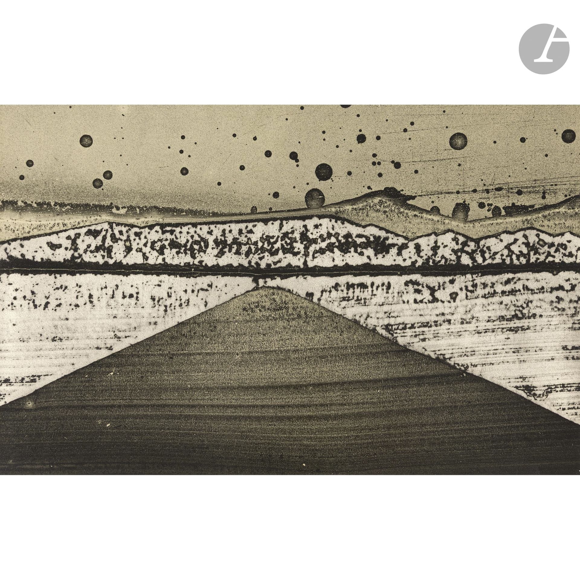 Jean-Pierre Sudre (1921-1997)
Paysage matériographique, 1972. 
Épreuve argentique d’époque, contrecollée sur carton, signée, datée et numérotée « 1/1 » au crayon sur le montage en bas à droite. 
19 x 30 cm