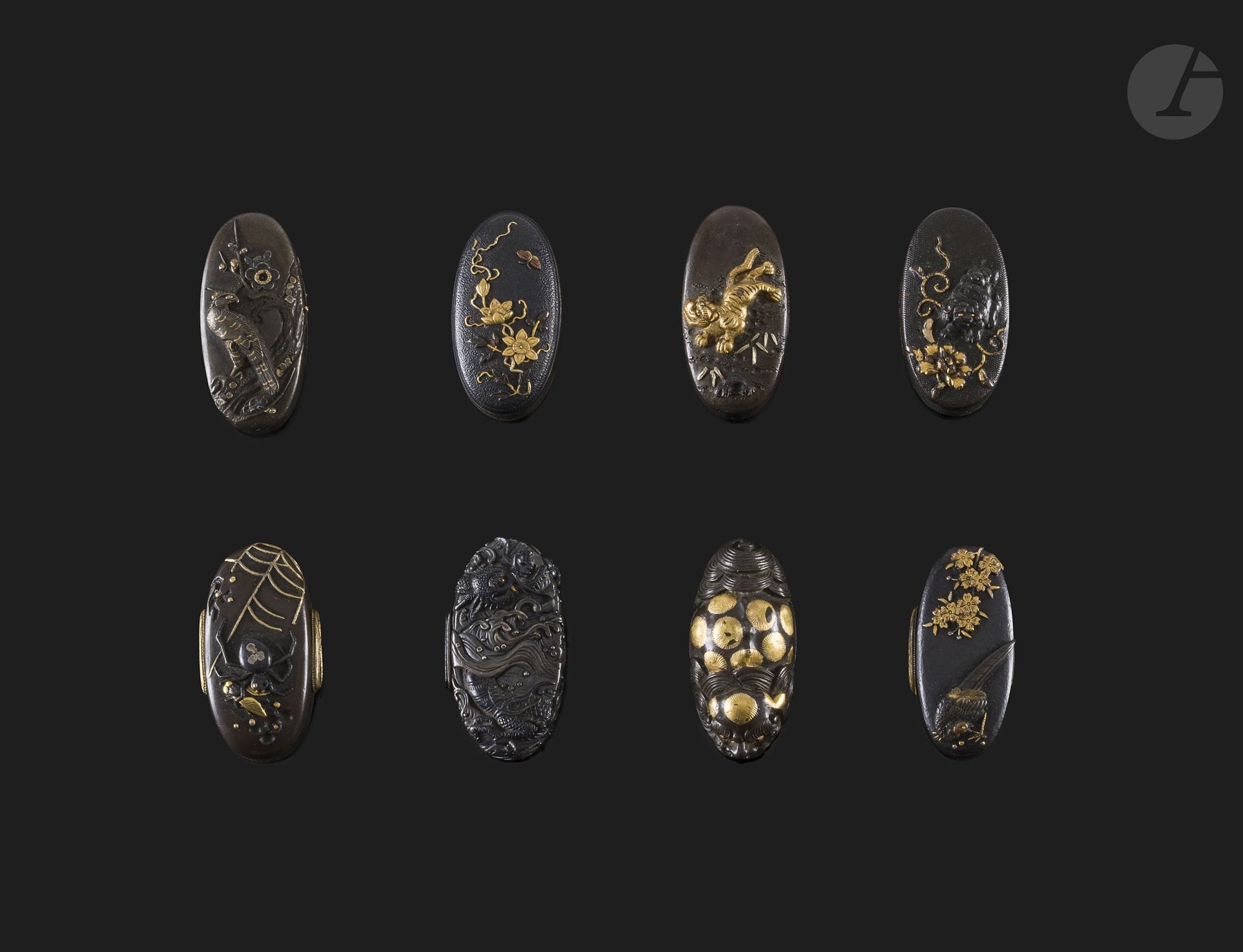 Ensemble de 8 kashira en shibuichi et shakudo, Japon, époque Edo (1603-1868)
Incrustés en iro e taka zogan de différents métaux, à décor de fleurs et animaux divers : faisan, dragon, shishi, tigre, araignée, oiseau de proie, etc.