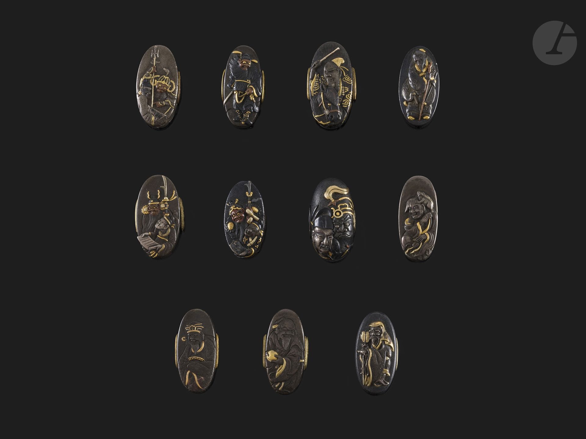 Ensemble de 11 kashira en shibuichi et shakudo, Japon, époque Edo (1603-1868)
Incrustés en iro e taka zogan de différents métaux, à décor de personnages inspirés de légendes chinoises, guerriers, dignitaires, immortels…