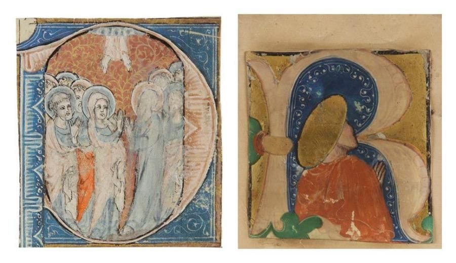 Écoles FRANÇAISE et ITALIENNE du XVe siècle
Le Mariage de la Vierge et Deux Apôtres bénissant Deux enluminures découpées, plume et encre noire, gouache et rehauts d'or. 7 x 6,5 cm On y joint trois autres sujets divers, découpés.