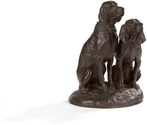 Emmanuel Fremiet (1824-1910)
Chiens limiers assis Épreuve en bronze ancienne et authentique à patine brun nuancé. Signée. Marque du Fondeur F. Barbedienne. Fin du XIXe siècle. 25 x 24 cm