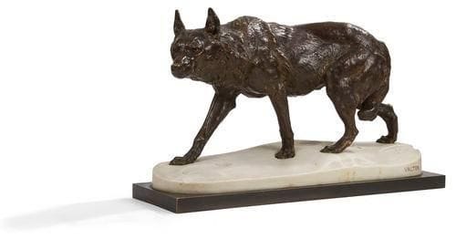 Charles VALTON (1851-1918)
Loup suivant les traces d'un homme Épreuve ancienne et authentique en bronze à patine brun nuancé et marbre blanc. Signée. Cachet du fondeur Jollet & Cie. Circa 1900. 31 x 16,7 cm