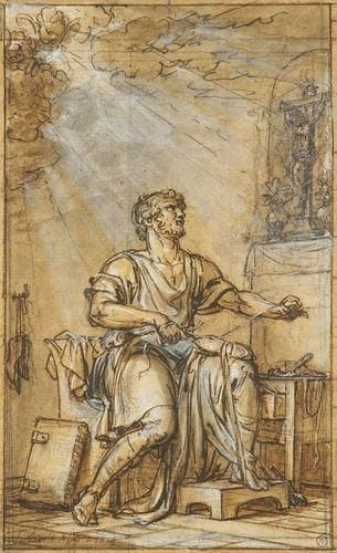 Jean Jacques François LE BARBIER dit l'AÎNÉ (Rouen 1738-Paris 1826)
Saint Crespin Plume et encre noire, lavis gris et rehauts de blanc sur papier beige. Signée, située et datée en bas à gauche Le Barbier Rome 1819. Porte en bas à droite le cachet d'une collection non identifiée (Lugt n°3082). 25 x 15,5 cm Saints patrons des cordonniers et des tanneurs, Crespin et son frère Crespinien furent martyrisés au IIIe siècle. Romains, ils étaient venus s'établir à Soissons comme cordonniers (ou dans le Kent selon la tradition anglaise), se faisant une réputation comme honnêtes artisans, distribuant des chaussures aux pauvres. Dénoncés comme chrétiens, ils furent conduits devant l'empereur Maximien. Refusant d'abjurer leur foi, ils furent condamnés à différents supplices auxquels ils résistèrent, avant d'être décapités. Leur tombe se trouve en l'église San Lorenzo in Panisperna de Rome.