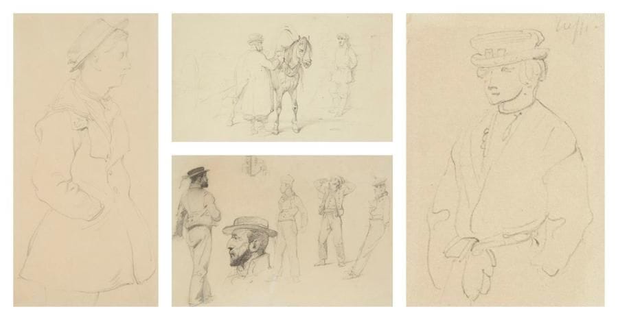 Horace VERNET (1789-1863)
Études de personnages 4 dessins à la mine de plomb. 13 x 22 cm, 16 x 23 cm, 19,5 x 9,5 cm et 7,5 x 5 cm