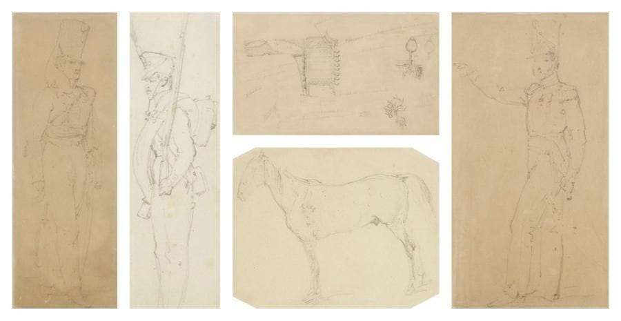 Horace VERNET (1789-1863)
Étude de soldat (4) - Étude de costume 5 dessins à la mine de plomb. (Taches). 19,5 x 10,5 cm, 21 x 7,5 cm, 18 x 5,5 cm, 20 x 12 cm et 10,5 x 18 cm