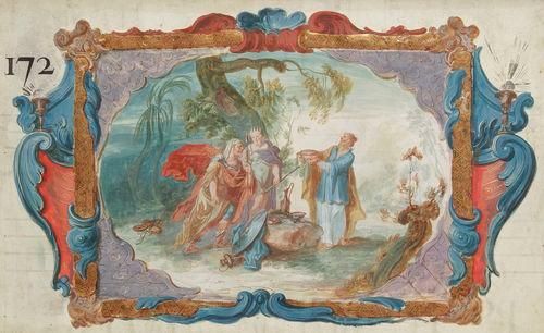 J. B. PERRIN (actif en France en 1743)
La Résurrection du Christ Gouache et rehauts d'or. 26,5 x 45,5 cm Signée et datée en bas à droite J B Perrin / fecit / 1743. La Mise au tombeau du Christ Gouache et rehauts d'or. 25,5 x 45 cm L'Assomption Gouache et rehauts d'or. 25 x 45 cm Porte en haut à gauche le n° 82 Abraham et Melchisédech Gouache et rehauts d'or. 26 x 43 cm Porte en haut à gauche n° 172.