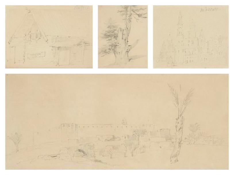 Horace VERNET (1789-1863)
Paysage orientaliste - Moscou - Chalet - Etude d'arbre 4 dessins à la mine de plomb. 11 x 25 cm, 7 x 8,5 cm, 7 x 9 cm et 17 x 13,5 cm