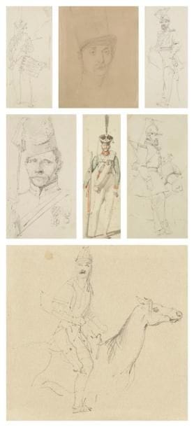 Horace VERNET (1789-1863)
Études de soldats (russes, français) 7 dessins à la mine de plomb dont 1 à l'aquarelle. (Taches). Formats divers.