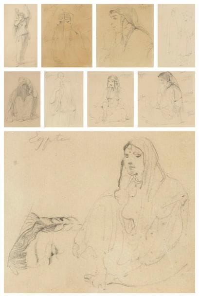 Horace VERNET (1789-1863)
Études d'Égyptienne 9 dessins à la mine de plomb. Formats divers, environ 9 x 7 cm (7).