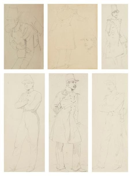 Horace VERNET (1789-1863)
Études de soldats 6 dessins à la mine de plomb. 12,5 x 7,5 cm, 17 x 6,5 cm, 19,5 x 7,5 cm, 19 x 8 cm, 17 x 7 cm et 16 x 12,5 cm