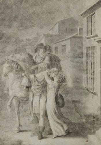 Attribué à Michel GARNIER (1753-1819)
Le Départ du fiancé Pierre noire, plume et encre noire. 33,5 x 23,5 cm
