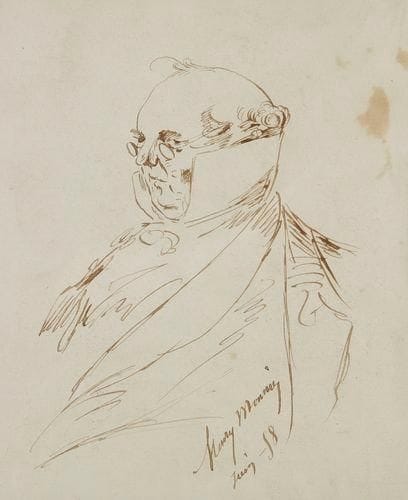 Henry MONNIER (1805-1877)
Portrait de Monsieur Prud'homme, 1858 Dessin à la plume. Signé et daté. Taches. 16,3 x 13,7 cm