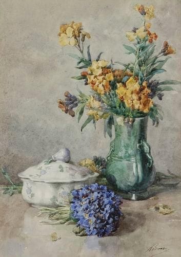 François RIVOIRE (1842-1919)
Nature morte au bouquet et au légumier Aquarelle. Signée en bas à droite. 41,5 x 29 cm