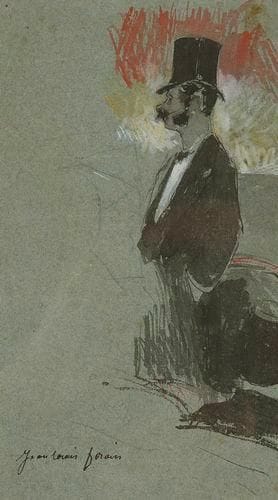 Jean-Louis FORAIN (1852-1931)
Homme en chapeau haut-de-forme de profil vers la gauche Dessin à l'encre de chine, pinceau et gouache sur vergé bleuté. Signé à la plume en bas à gauche. 19 x 10,8 cm
