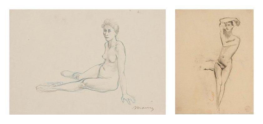 CHARLES MAURIN (1856-1914)
Nu féminin - Étude de nu masculin (2) 3 dessins au fusain ou crayon. Signés. Portent les numéros d'inventaires de la succession sur le papier. (Petites déchirures, traces de colle et plis). 20 x 31 cm, 30 x 24,5 cm et 22,5 x 30 cm.