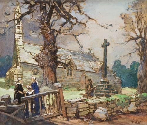 HENRY ÉMILE VOLLET (1861-1945)
Église en Bretagne Gouache et crayon noir sur carton. Signée en bas à droite. 46 x 54 cm