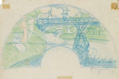 LOUIS ANQUETIN (1861-1932)
Femmes au bord de l'eau, devant un pont (Projet d'éventail), vers 1900 Dessin au crayon de couleur sur vélin mince. Signé en bas à droite. (Traces d'adhésif oxydées, petits trous et manques dans les angles supérieurs. Légères traces de plis. Infimes rousseurs). 13,5 x 21 cm
