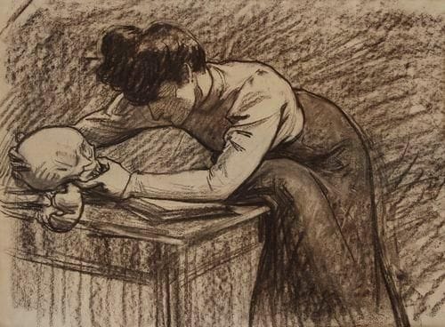 Jean FLOUR (1864-1921)
Femme contemplant un crâne Dessin au fusain et estompe sur vergé. (Légère oxydation du feuillet). 48 x 63 cm