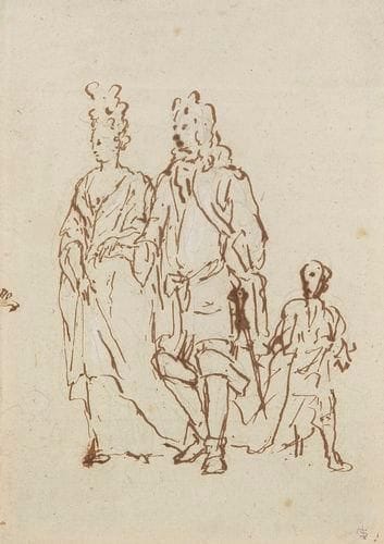 Attribué à Jean-Baptiste Oudry (1686-1755)
Portrait d'un couple avec un page Plume et encre brune. 17 x 12 cm Porte en bas à droite le cachet de la collection Armand Sigwald (Lugt n° 175). Annoté au verso Vente Gigoux 1882 / van Dyck / acheté à Dinlo / avril 1909.