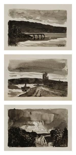 Pierre GATIER (1878-1944)
Paysages 3 dessins au lavis d'encre de chine et plume sur vergé. Deux signés en bas à droite. 20 x 29,4 cm chaque Provenance: Galerie Marcel Guiot, Paris.