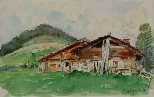 Pierre GATIER (1878-1944)
Chalets en montagne, vers 1930 Dessin à l'aquarelle et fusain sur vélin. Signé et annoté " 1.7 " en bas à droite. (Trous de punaises dans les angles). 20 x 31,6 cm Provenance: Galerie Marcel Guiot, Paris.