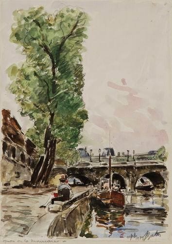 Pierre GATIER (1878-1944)
Quai de la Monnaie, 1929 Dessin à l'aquarelle et mine de plomb sur vergé. Titré en bas à gauche. Daté " 1929 " et signé en bas à droite. (Bords du feuillet anciennement repliés). 29 x 19,8 cm Provenance: Galerie Marcel Guiot, Paris.