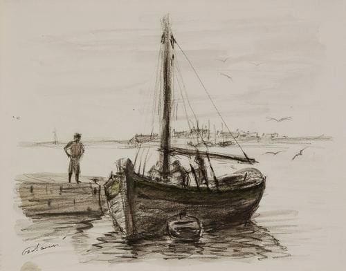 Jean FRÉLAUT (1879-1954)
Barque en réparation, Étel Dessin au fusain et lavis d'encre de chine. Signé en bas à gauche. Titré au verso et sur le support. 25,5 x 33 cm Provenance: Galerie Marcel Guiot, Paris.
