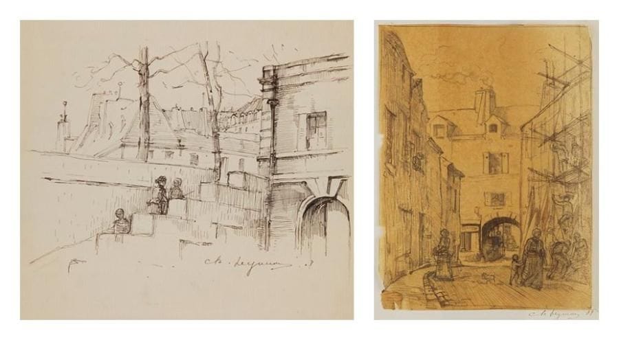 Charles HEYMAN (1881-1915)
Escalier du vieux Paris - Rue à Saint-Ouen, 1908 2 dessins à la plume et encre de chine sur vélin et mine de plomb sur calque monté par les angles sur vergé. Le 1er signé et daté en bas à droite; le 2e signé, daté et titré sur le support. (Déchirure en pied au 1er; accidents aux bords du feuillet au 2e). 17,7 x 19,5 cm et 23,2 x 17,4 cm