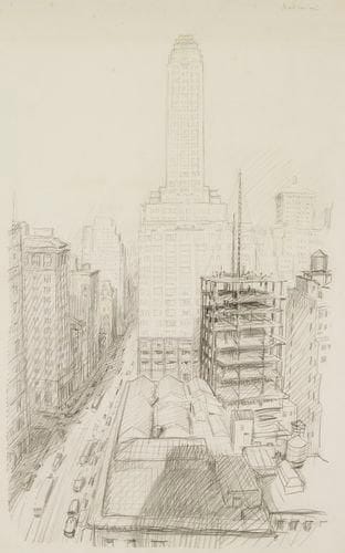 Henri GIRAULT DE NOLHAC (1884-1948)
New York, Madison avenue, vers 1930 Dessin au crayon et estompe. Non signé. Titré en haut à droite. 47 x 29,5 cm