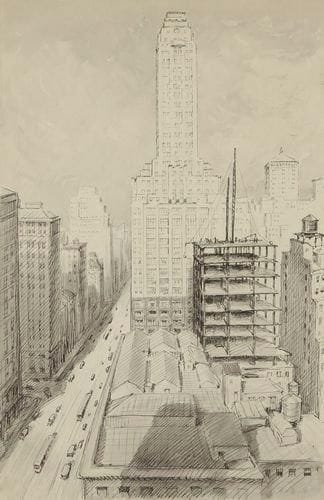 Henri GIRAULT DE NOLHAC (1884-1948)
New York, Madison avenue, vers 1930 Dessin à l'encre et lavis d'encre. Non signé. 50 x 33 cm