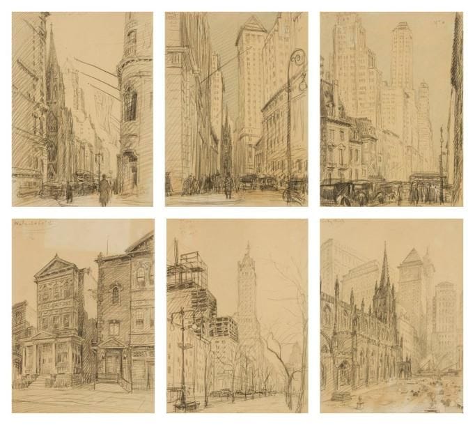Henri GIRAULT DE NOLHAC (1884-1948)
New York (5), 5e Avenue, Trinity Church, 57e rue, Wall Street - Philadelphie (1), vers 1930 Ensemble de 6 dessins au crayon dans un même montage. Situés et certains datés. (Traces d'insolations et mouillures). 32 x 23 cm chaque.