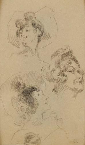 MONOGAMME P.V Étude de profil de femmes au chapeau, vers 1900 Dessin au crayon noir. Monogrammé en bas à droite. 17,5 x 10,5 cm