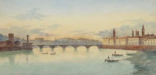 Frans VERVLOeT [belge] (1795-1872)
Vue de Florence au crépuscule Aquarelle. Signée et située en bas à droite. 18 x 36 cm