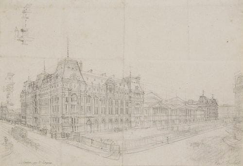 Michel Charles FICHOT (Troyes 1817 - Paris 1903)
Vue de la gare Saint Lazare Crayon noir. 31,5 x 30,7 cm Signé en bas à droite Karl Fichot. Titré en bas à gauche l'art(?) nouveau pour St Lazare. Peintre, lithographe et architecte, Michel Charles Fichot participa au Salon de Paris entre 1841 et 1875.